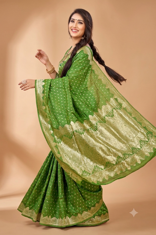 Premium mahendi Green Banarasi Jacquard Silk Saree with Rich Golden Zari Woven Border & Designer Pallu