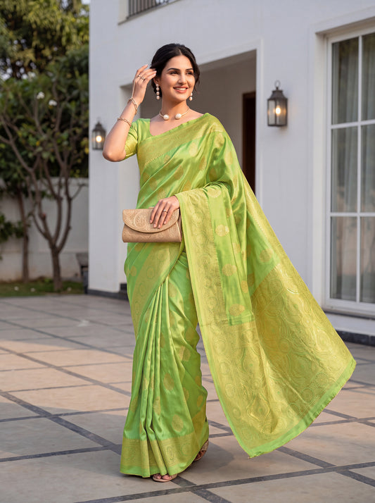 Elegant Pista Green Viscose tissue Super Silk Saree with Golden Woven Motifs
