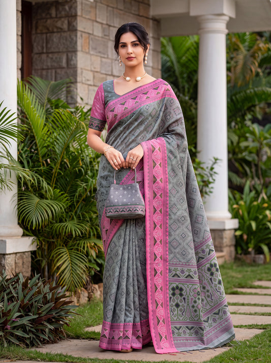 Grey Silk Saree with Bandhani Patola Design & Pink Contrast Border