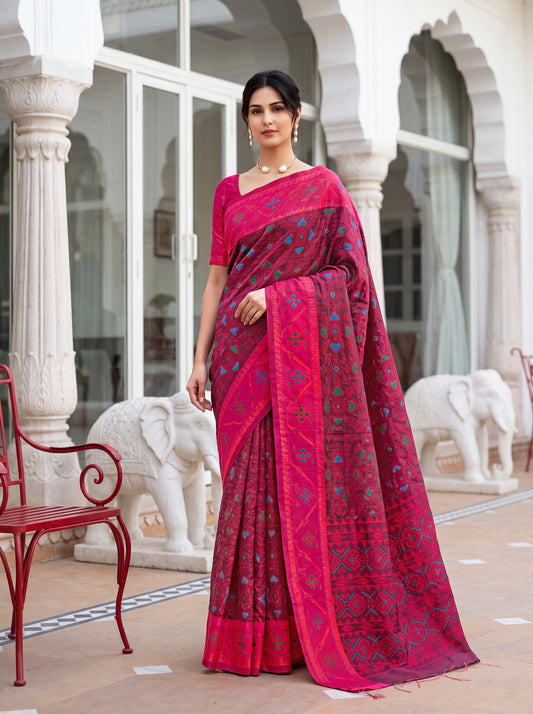 Rani Patola Silk Saree with Multicolour Ikat Print