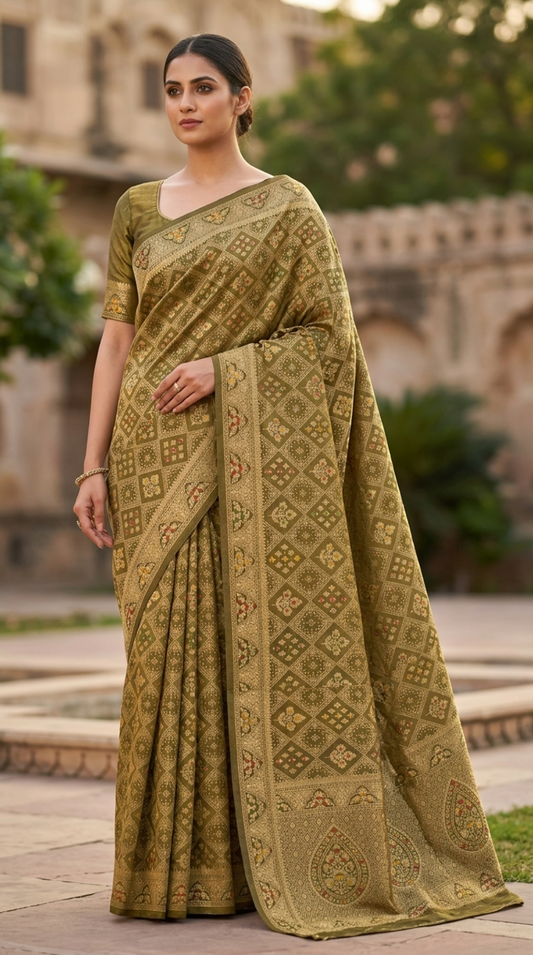 Elegant Olive Green Banarasi Jacquard Saree with Traditional Woven Motifs