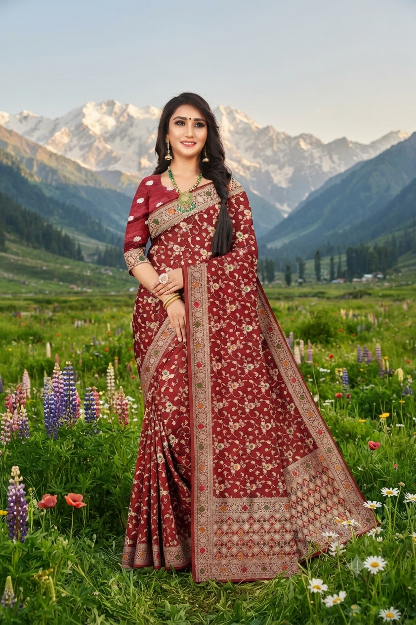 Soft Silk Viscose Satin with Meenakari with maroon Colour Jacquard Saree with Floral Woven Motifs