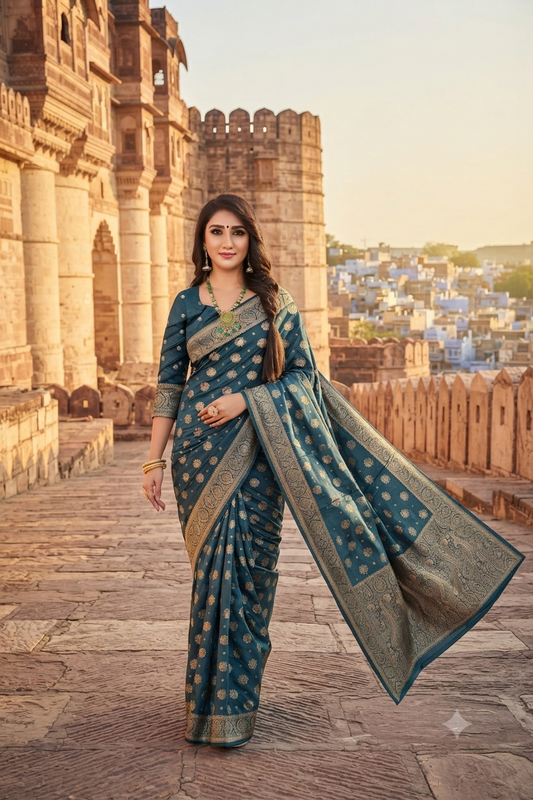 Dark Blue Viscose Satin Saree – Office & Casual Wear
