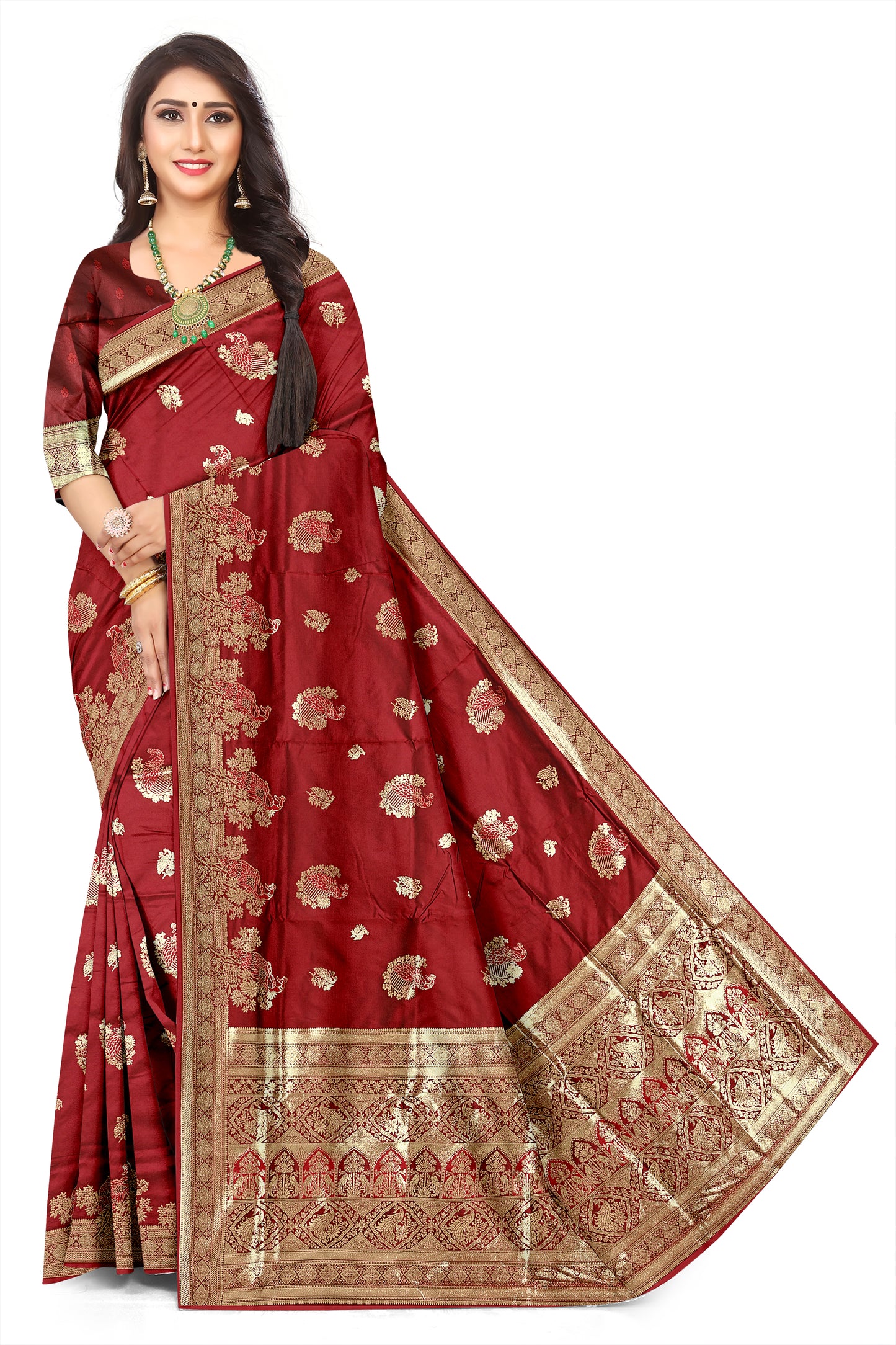 Premium Red Banarasi Jacquard Silk Saree with Rich Golden Zari Woven Border & Designer Pallu