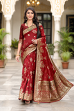 Premium Red Banarasi Jacquard Silk Saree with Rich Golden Zari Woven Border & Designer Pallu