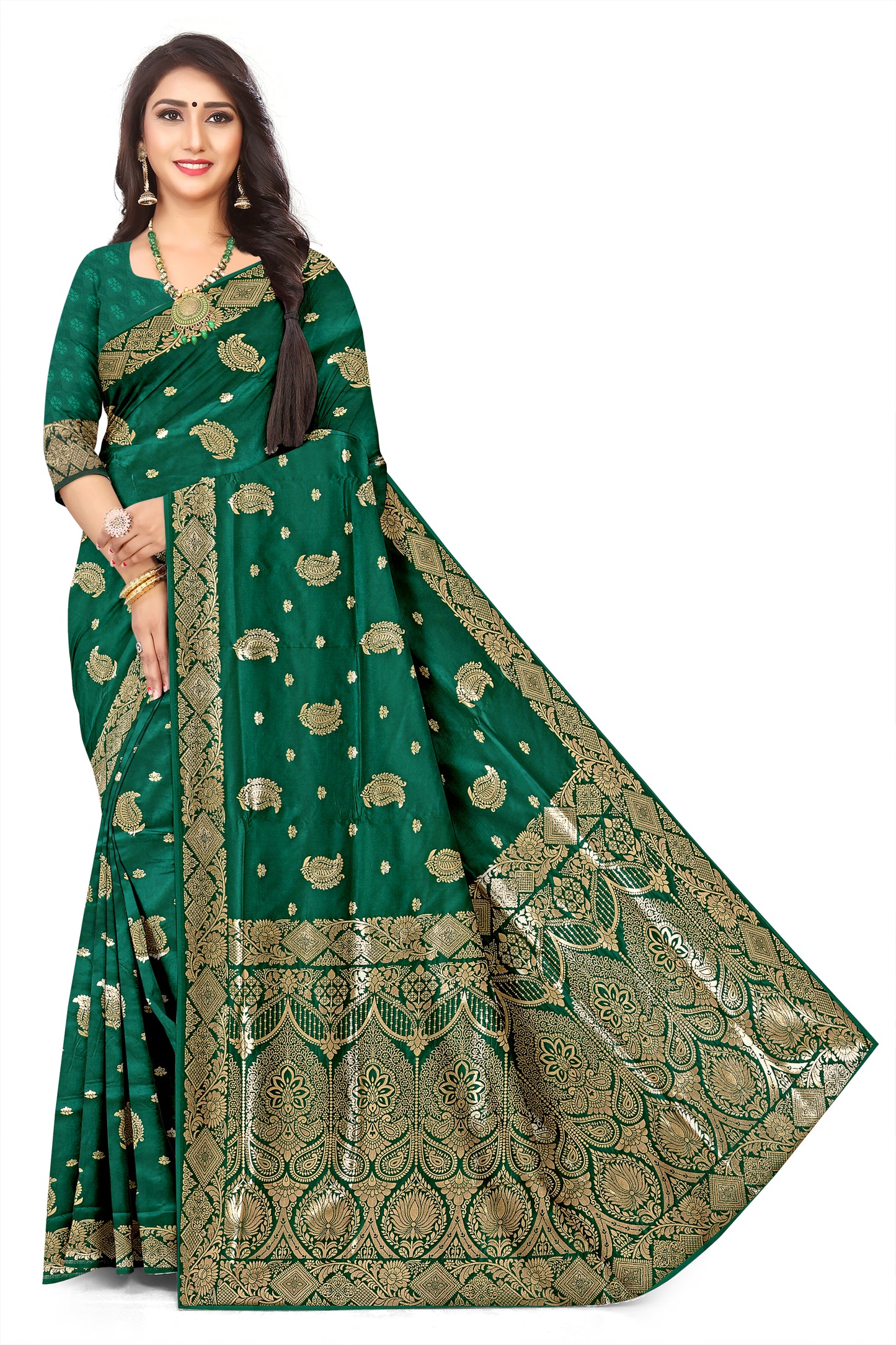 Premium Green Banarasi Jacquard Silk Saree with Rich Golden Zari Woven Border & Designer Pallu