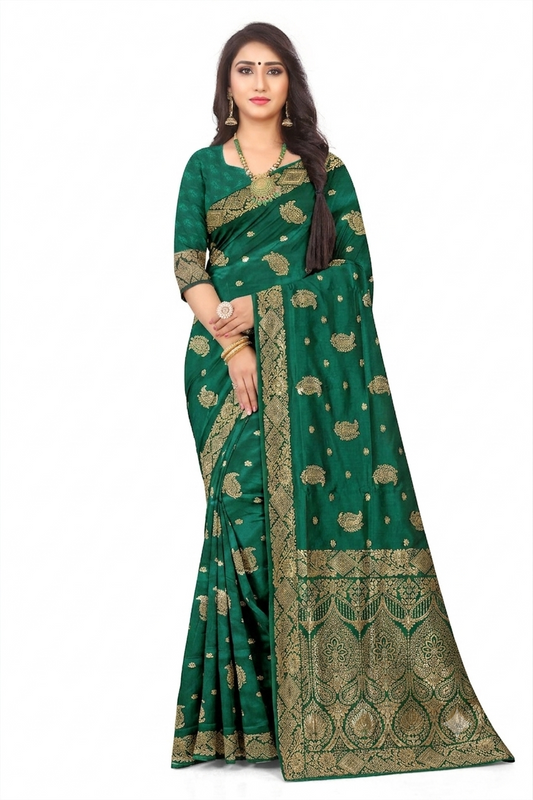 Premium Green Banarasi Jacquard Silk Saree with Rich Golden Zari Woven Border & Designer Pallu