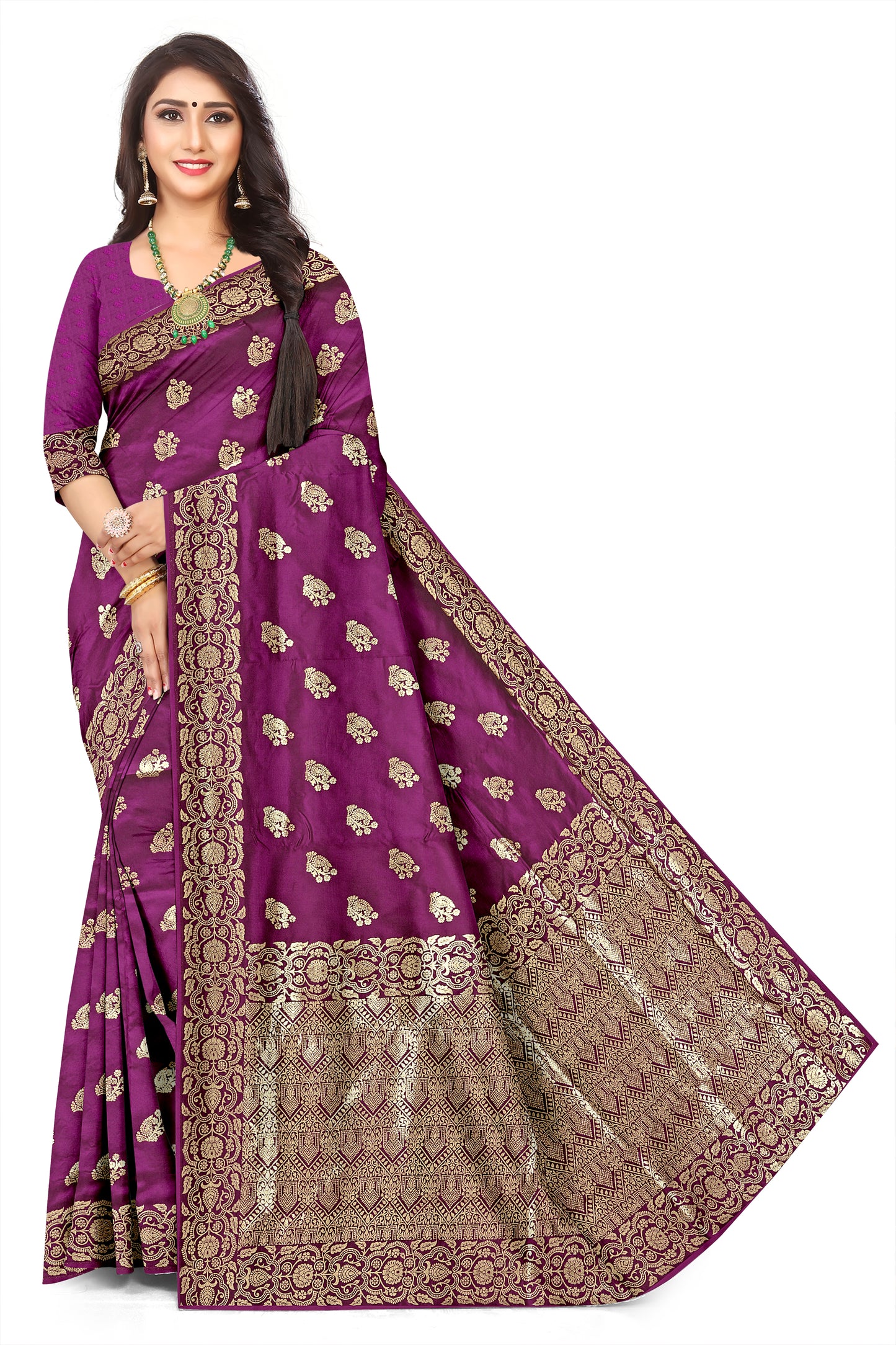 Elegant Dark Purple Gold Zari Woven Jacquard Saree