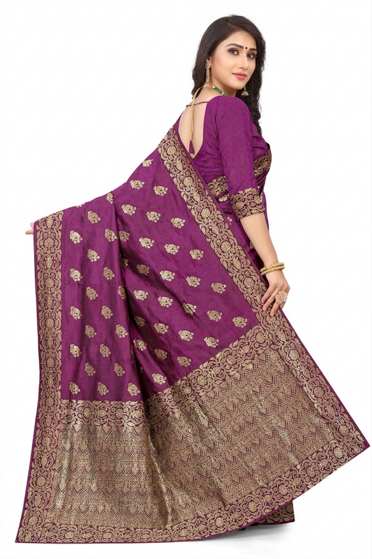 Elegant Dark Purple Gold Zari Woven Jacquard Saree