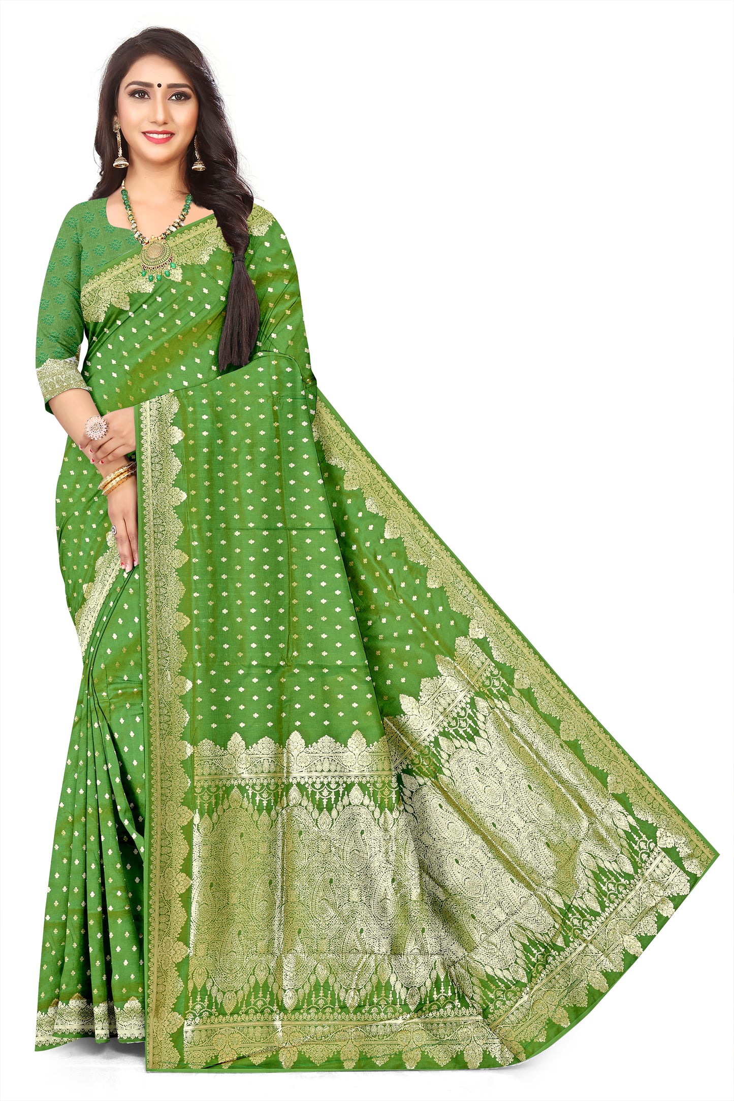 Premium mahendi Green Banarasi Jacquard Silk Saree with Rich Golden Zari Woven Border & Designer Pallu