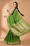 Premium mahendi Green Banarasi Jacquard Silk Saree with Rich Golden Zari Woven Border & Designer Pallu