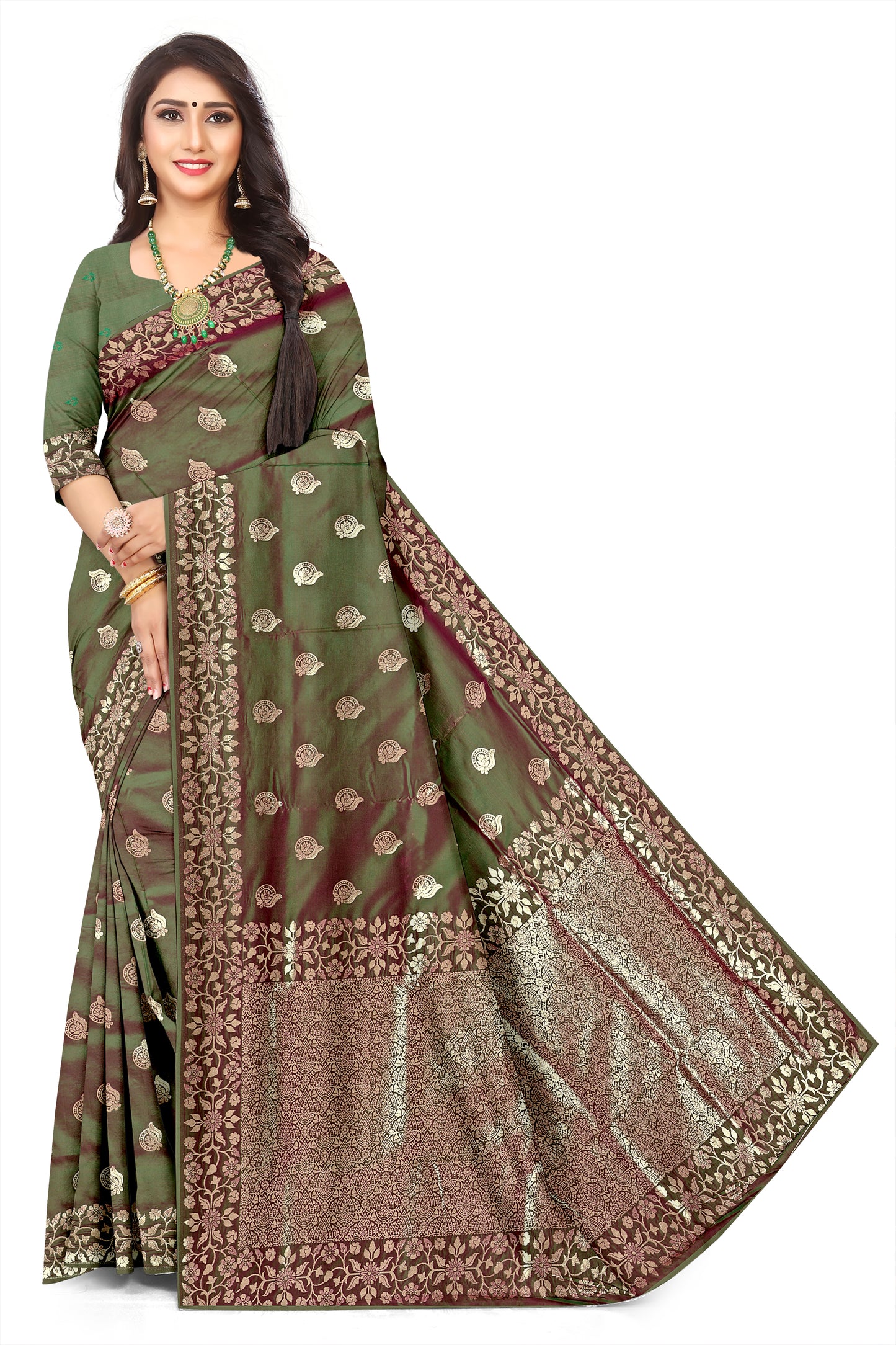 Premium  Reddish Green  Shaded  Banarasi Jacquard Silk Saree with Rich Golden Zari Woven Border & Designer Pallu