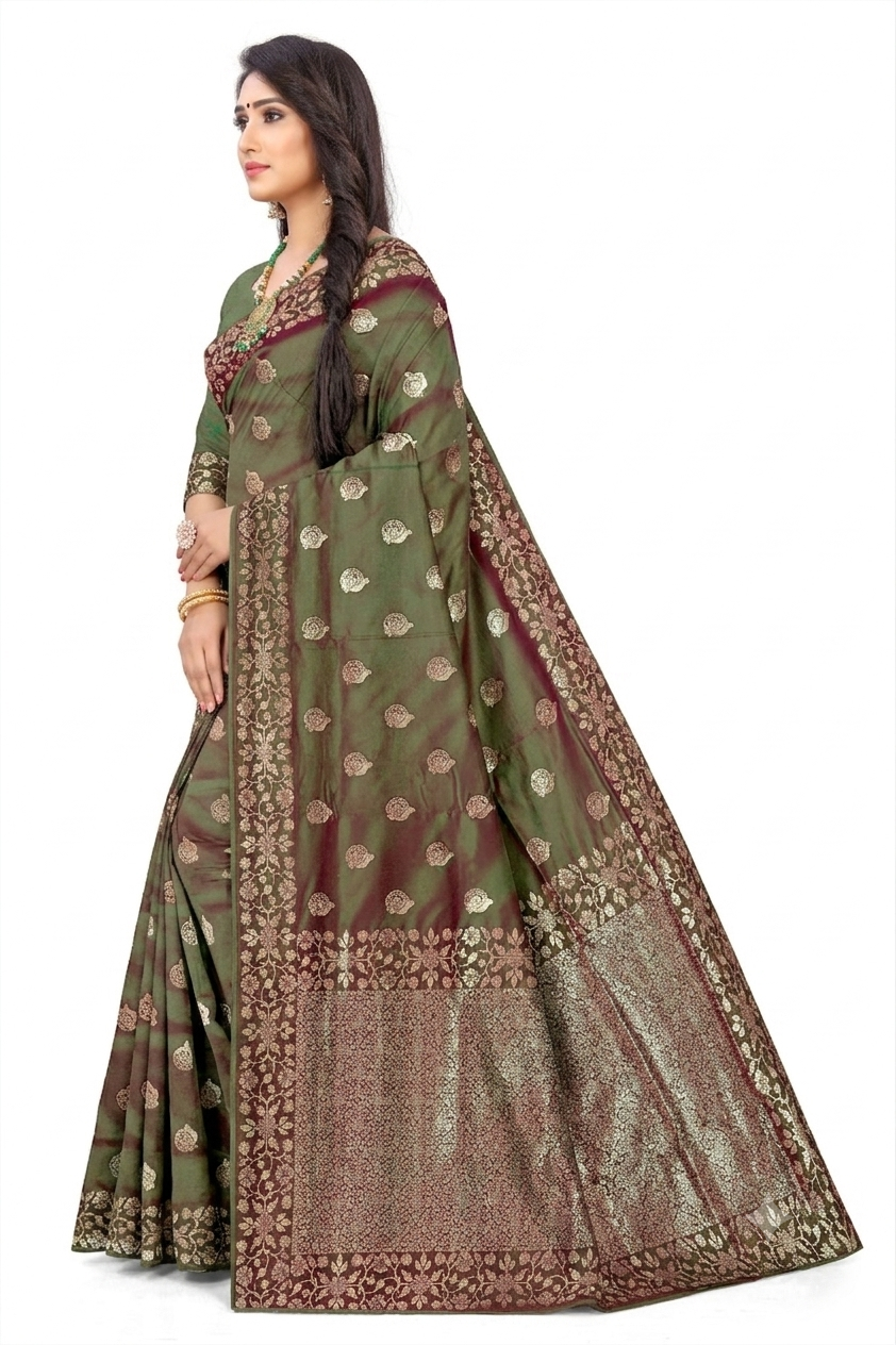 Premium  Reddish Green  Shaded  Banarasi Jacquard Silk Saree with Rich Golden Zari Woven Border & Designer Pallu