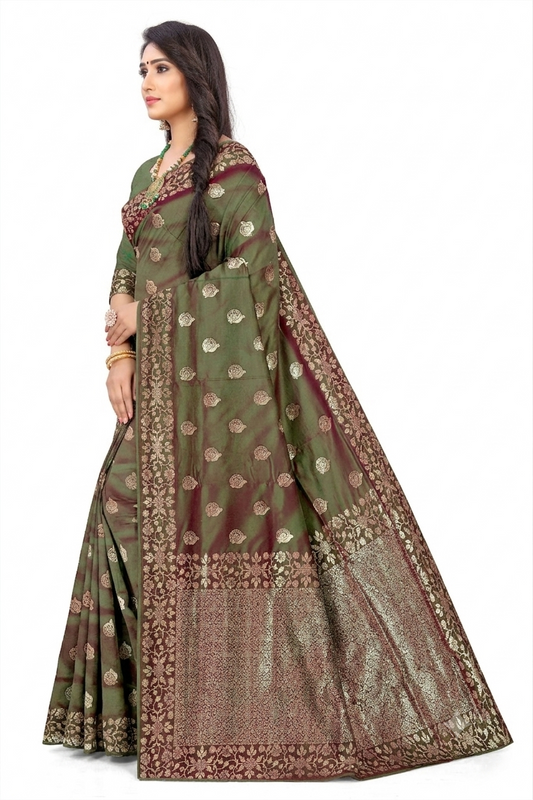 Premium  Reddish Green  Shaded  Banarasi Jacquard Silk Saree with Rich Golden Zari Woven Border & Designer Pallu
