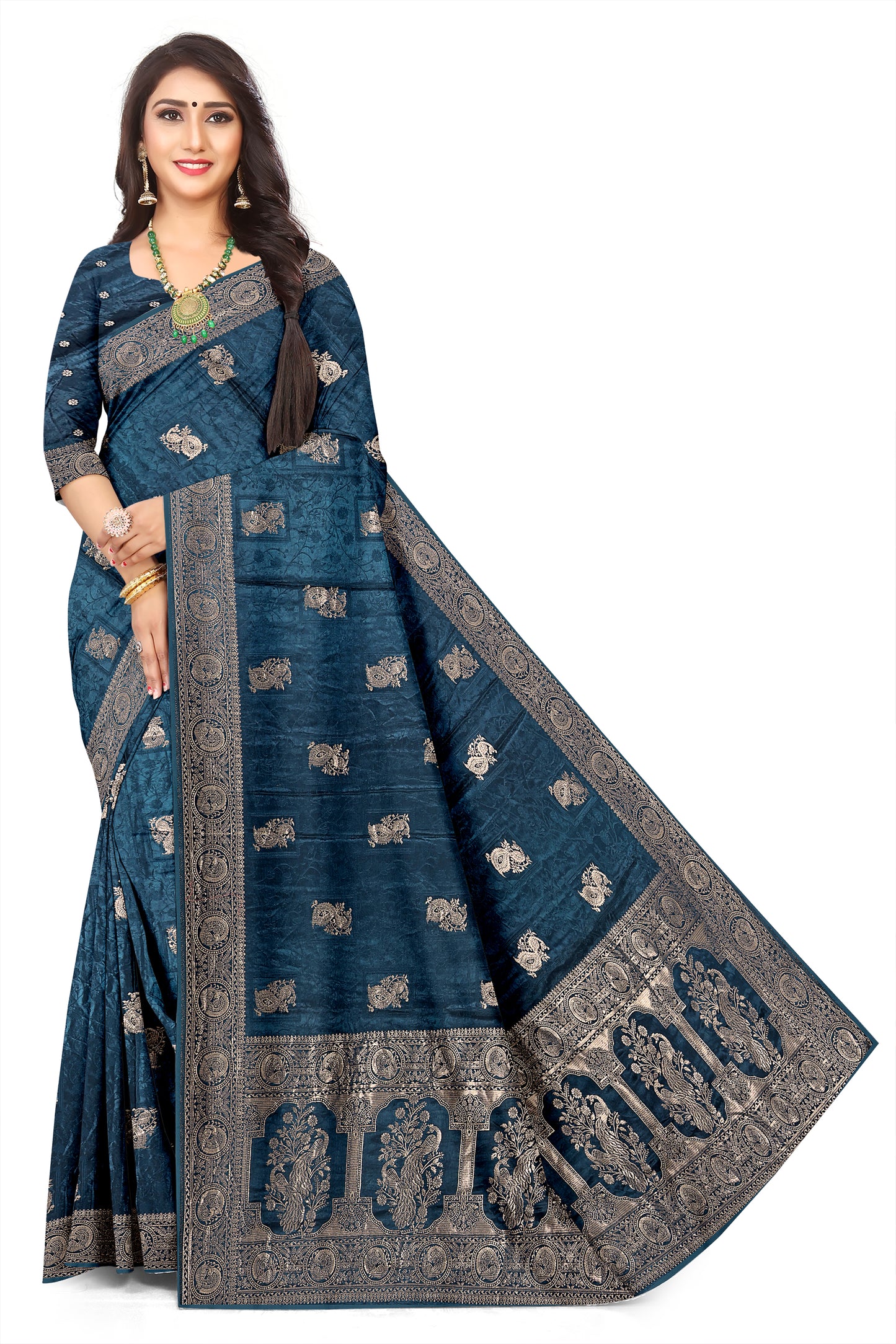 Bamboo Viscose Satin Jacquard Weave Saree with Zari Border