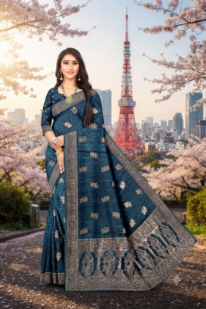 Bamboo Viscose Satin Jacquard Weave Saree with Zari Border