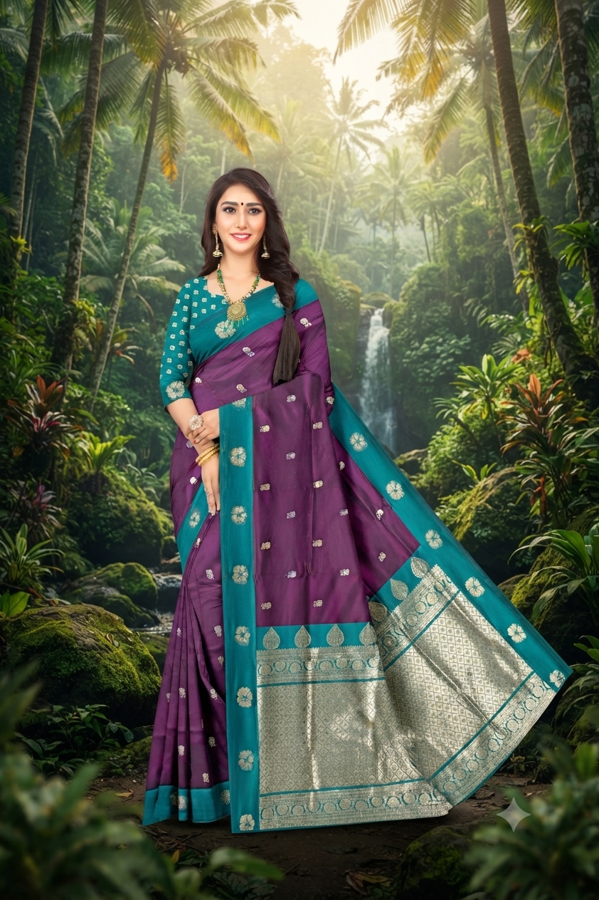 Wine Colour Woven Jacquard Silk Blend Saree