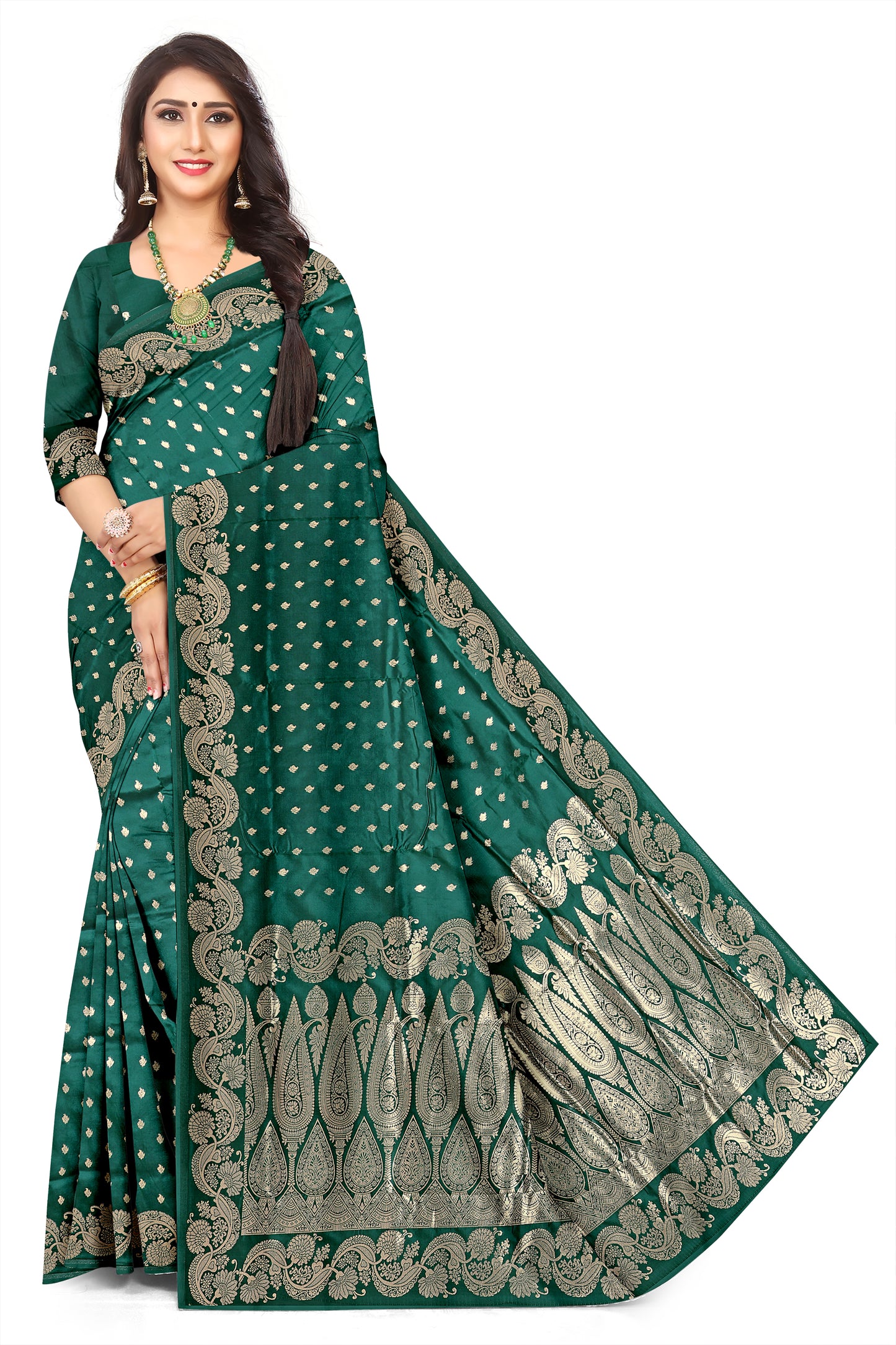 Ethnic Gold Zari Dark Green  Jacquard Saree