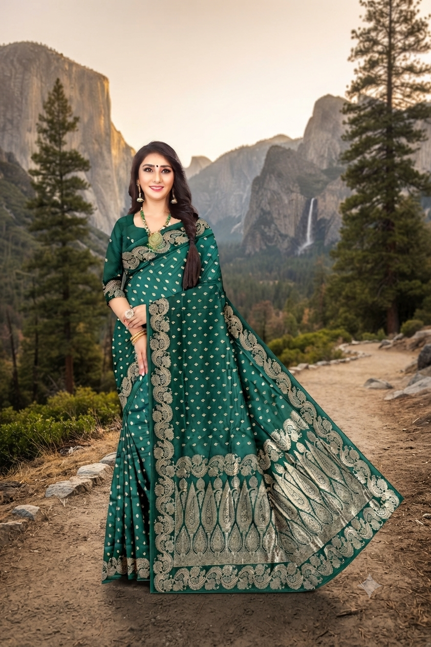 Ethnic Gold Zari Dark Green  Jacquard Saree
