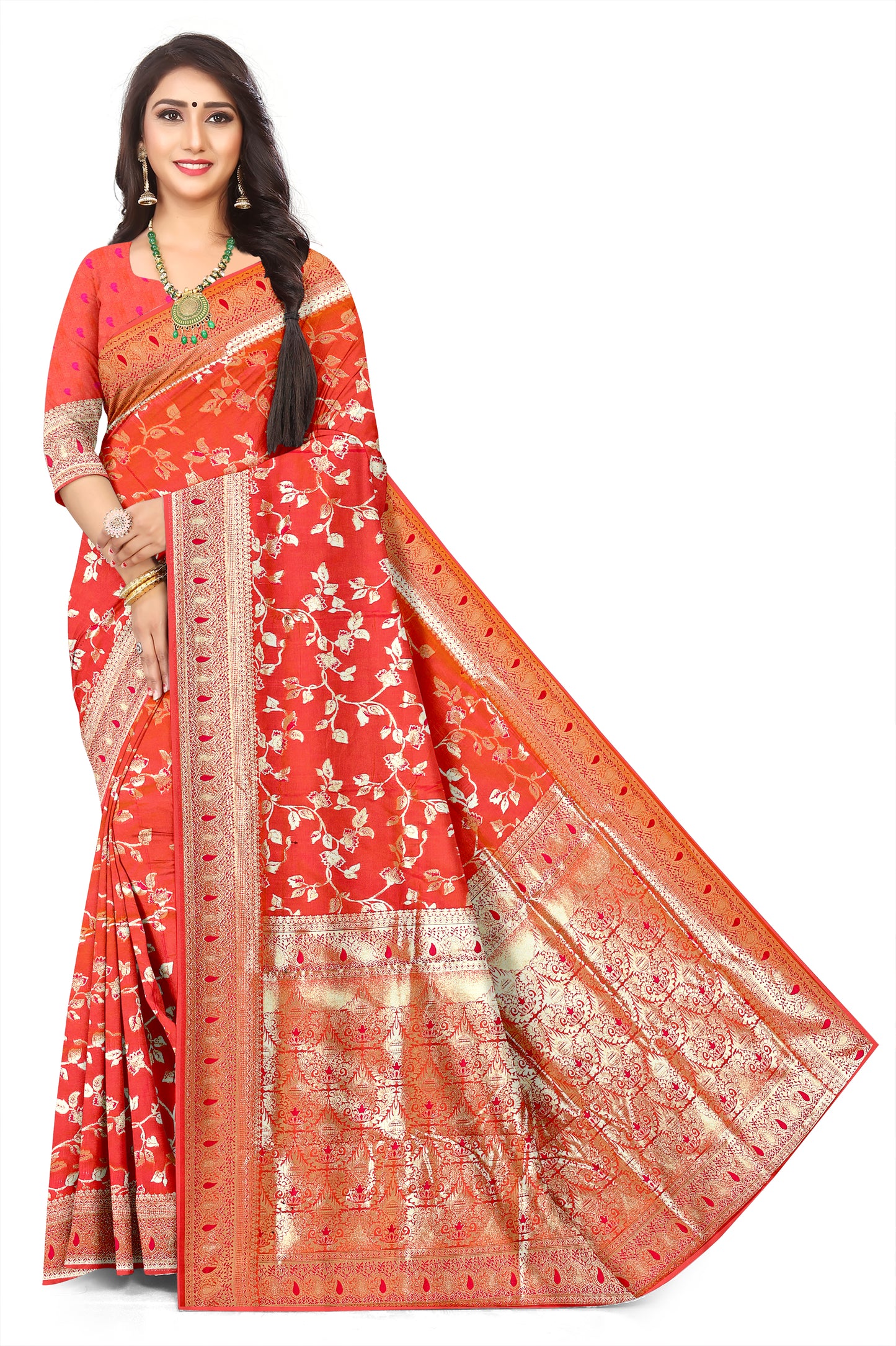 Designer orange  Flower jall  Motif Jacquard Saree