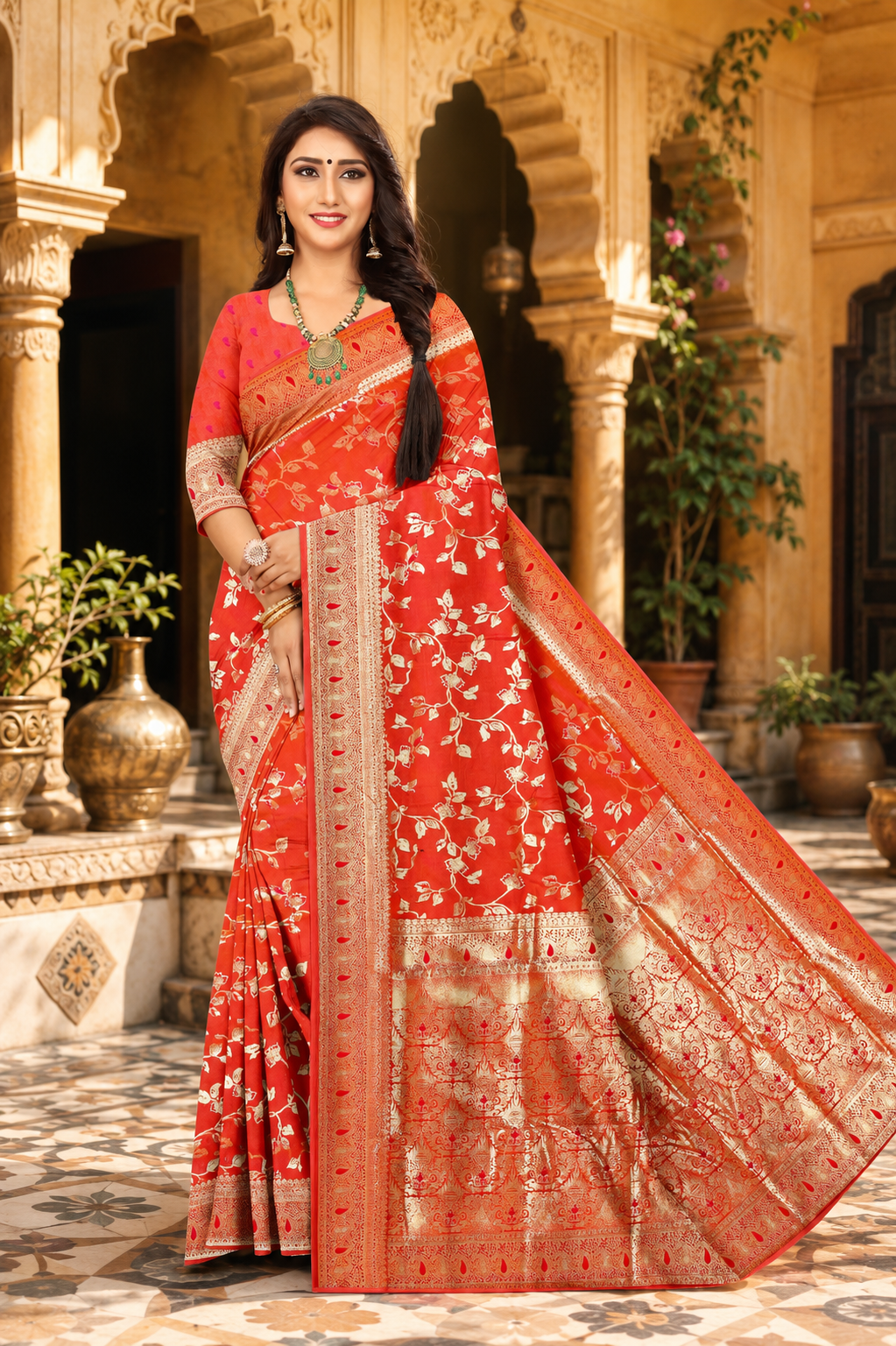 Designer orange  Flower jall  Motif Jacquard Saree