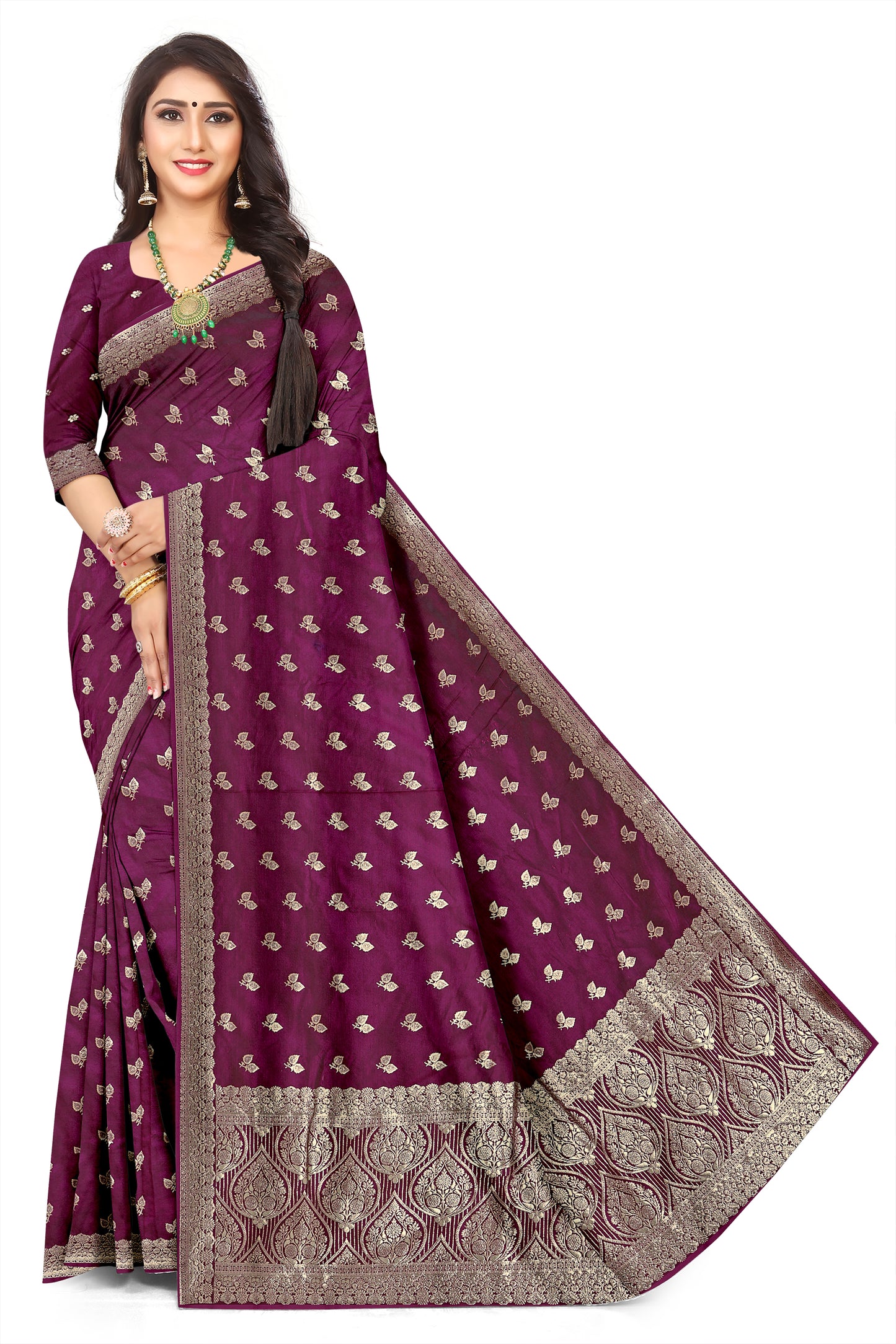 Glamorous Metallic Gold Tone wine Satin Jacquard Saree for Evening & Cocktail Parties