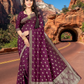 Glamorous Metallic Gold Tone wine Satin Jacquard Saree for Evening & Cocktail Parties