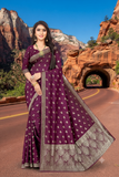 Glamorous Metallic Gold Tone wine Satin Jacquard Saree for Evening & Cocktail Parties