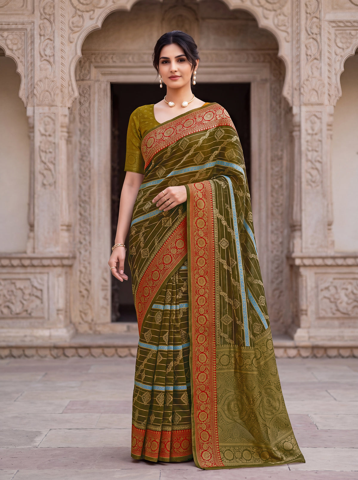 Elegant Olive Green Organza Silk Saree with Red Woven Border