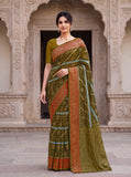 Elegant Olive Green Organza Silk Saree with Red Woven Border