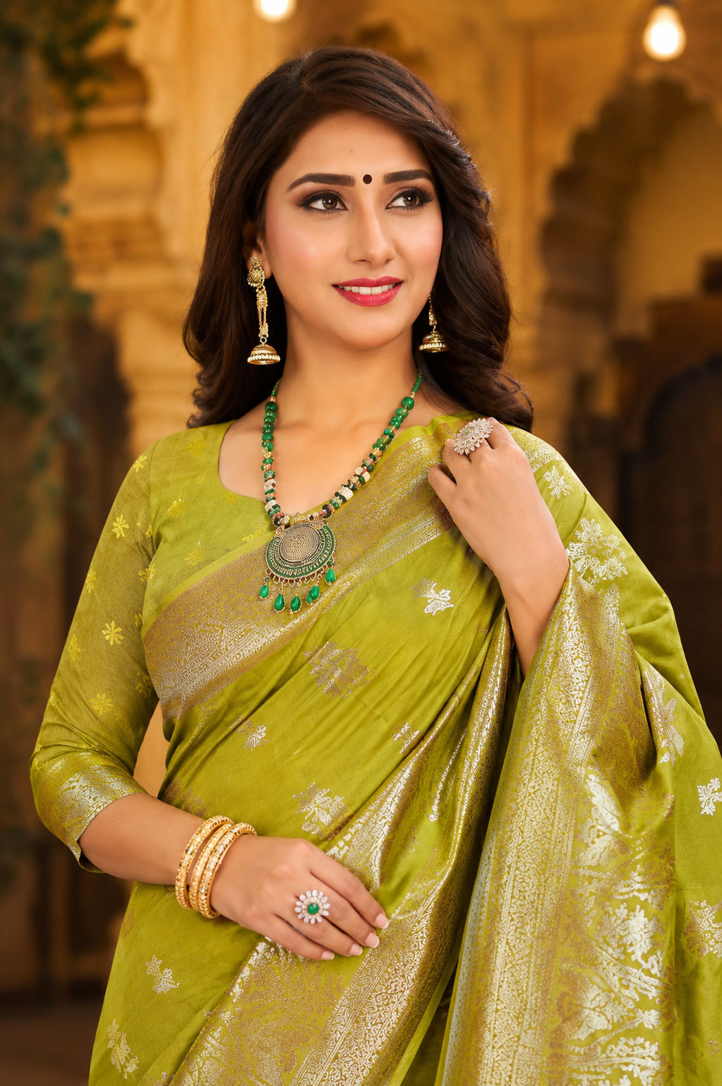 Grand Festive Mahendi Jacquard Silk Saree with Rich Pallu