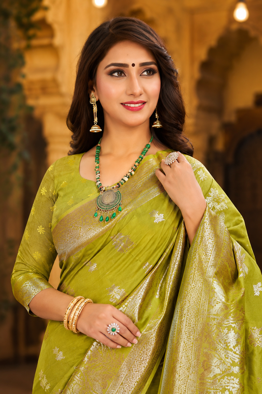 Grand Festive Mahendi Jacquard Silk Saree with Rich Pallu