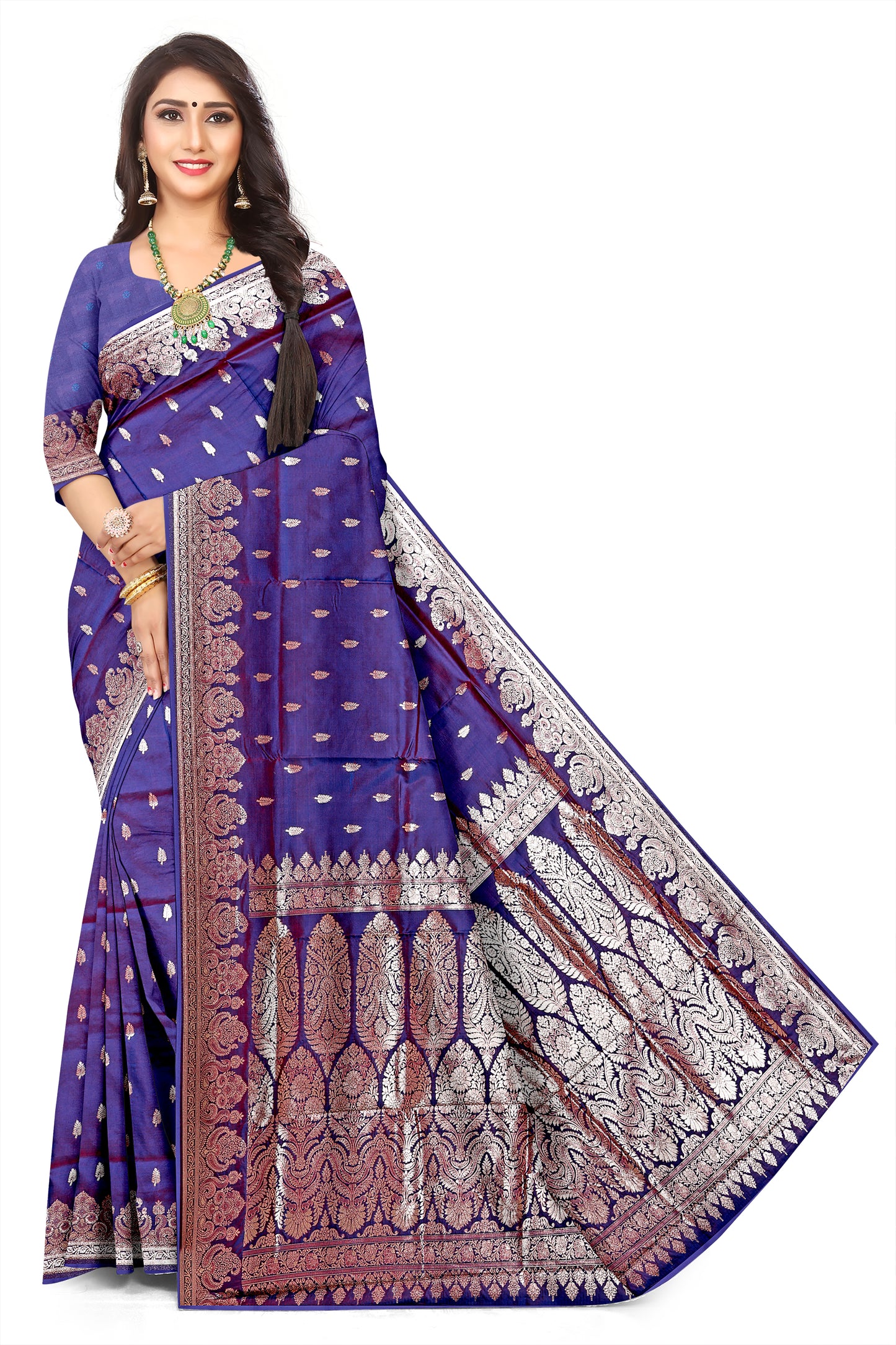 Soft Silk Jacquard Saree with Raddish Blue Shaded Leaf Floral Woven Motifs