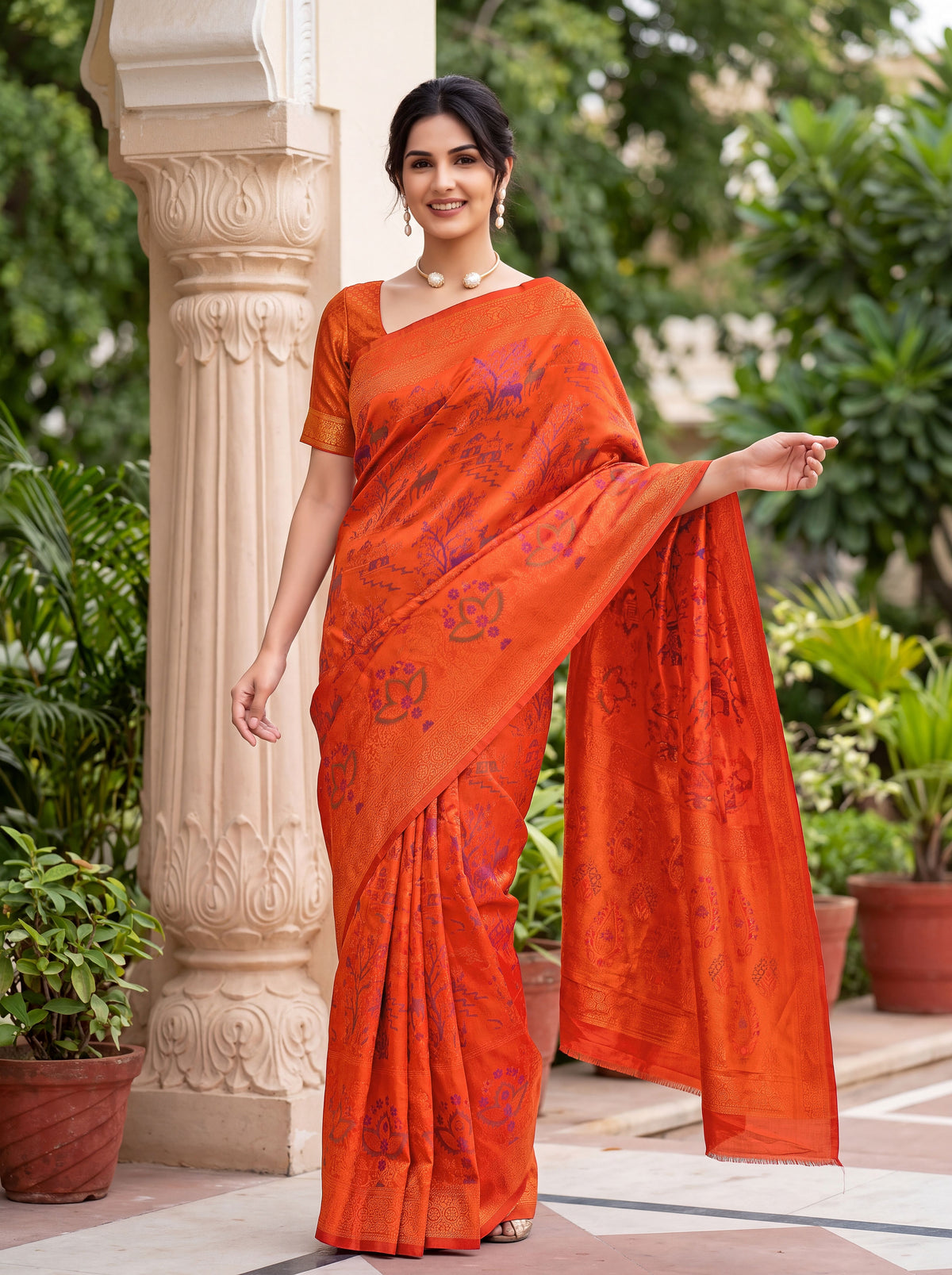 Orange Tissue Super Silk Saree with Giraffe & Forest Shikargah Jacquard saree