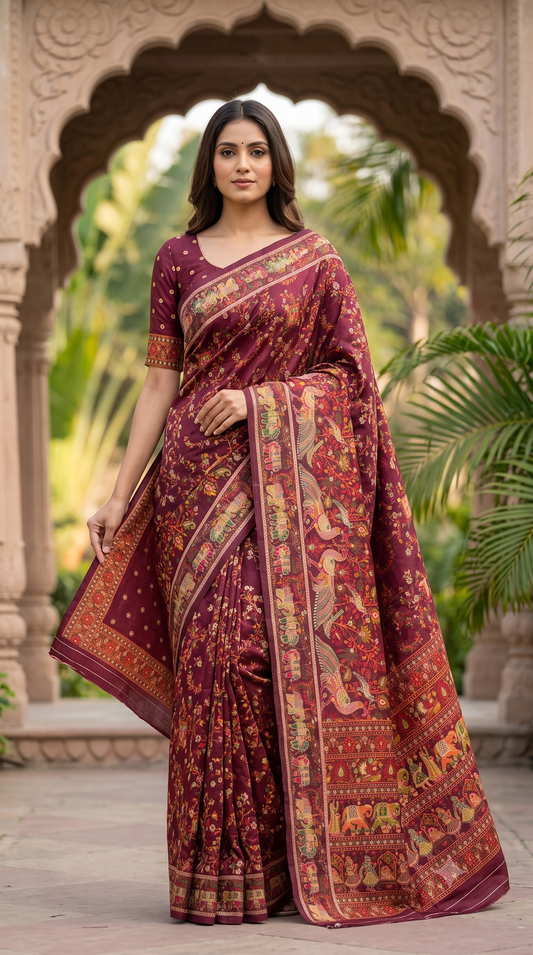 Pashmina Royal Wine Viscose Banarasi Jacquard Saree