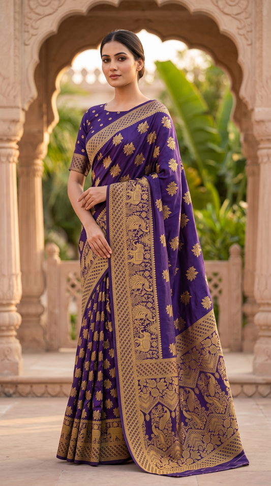 Premium Viscose Jacquard Saree with Daman Border – Rich Traditional Floral & Paisley Woven Design