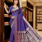 Soft Silk Jacquard Saree with Raddish Blue Shaded Leaf Floral Woven Motifs