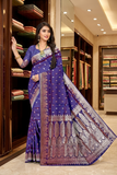 Soft Silk Jacquard Saree with Raddish Blue Shaded Leaf Floral Woven Motifs