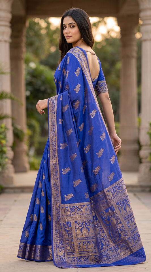 Light Blue Nylon Jacquard Saree | Golden Jari Designer Saree
