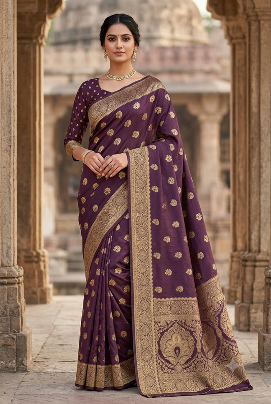Wine Viscose Satin bamboo Jacquard l Saree
