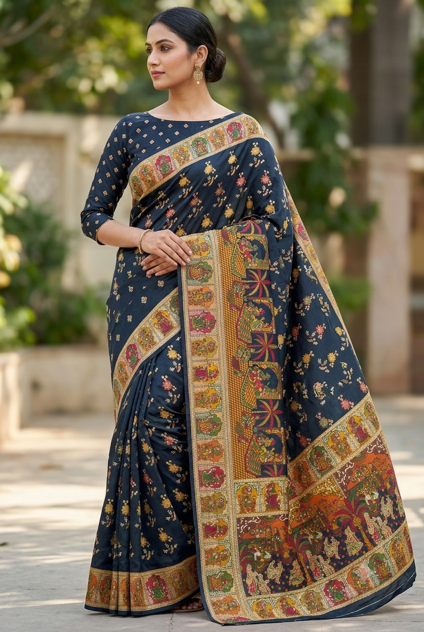 Navy Blue Viscose Pashmina Jacquard Saree with Heavy Multicolour Meenakari Work & Designer Pallu