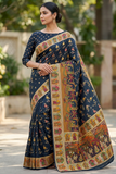 Navy Blue Viscose Pashmina Jacquard Saree with Heavy Multicolour Meenakari Work & Designer Pallu