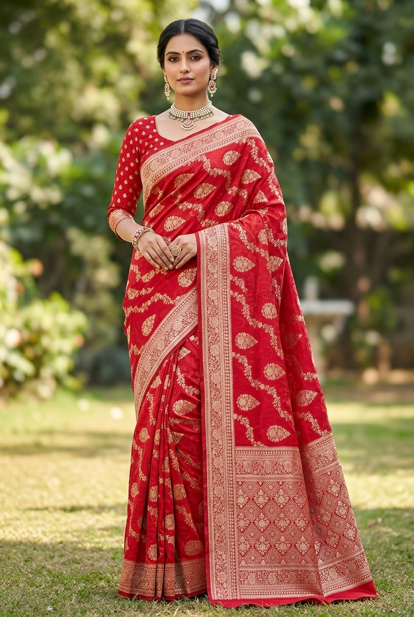 Red Viscose Organza Satin Jacquard Saree with Traditional Woven Motifs