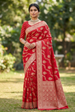 Red Viscose Organza Satin Jacquard Saree with Traditional Woven Motifs