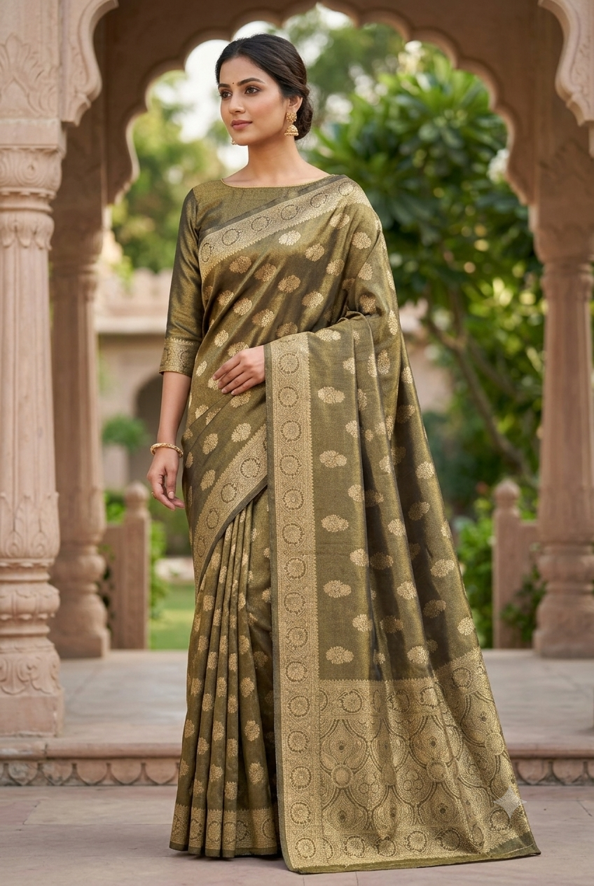 Mehendi Green Viscose Tissue Jacquard Saree with Zari Meenakari Weave