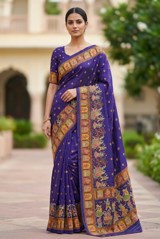 Royal Blue Viscose Pashmina Jacquard Saree with Heavy Meenakari Kalamkari Border