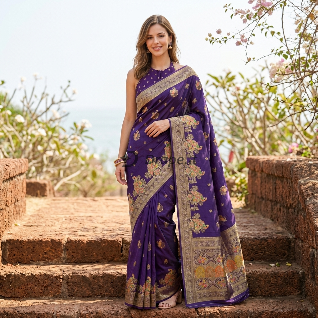 Royal Purple Viscose Jacquard Saree with Heavy Multicolour Meenakari Woek