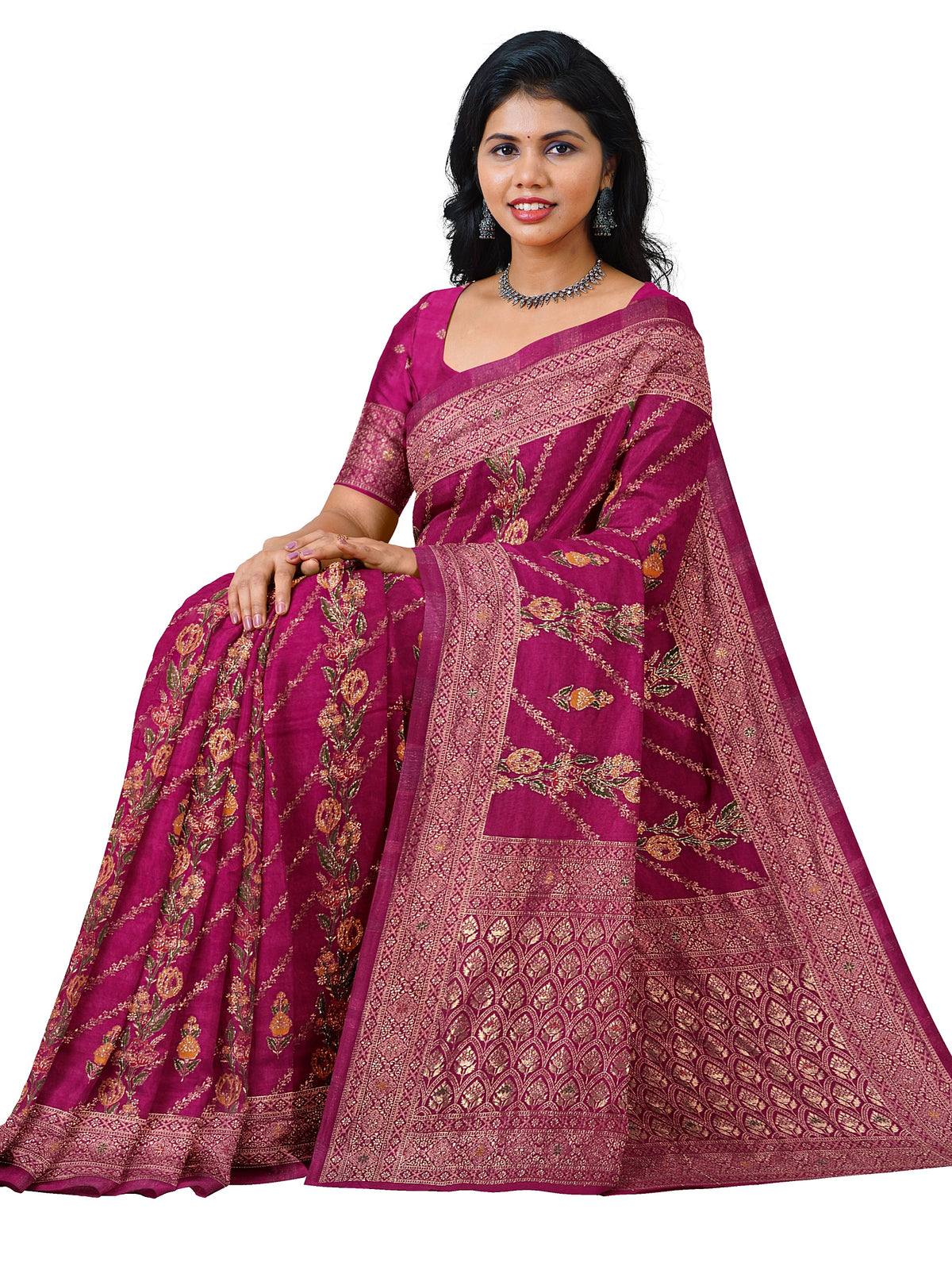 Rani Viscose Jacquard Saree with Straight Meenakari Patta & Heavy Meenakari Work