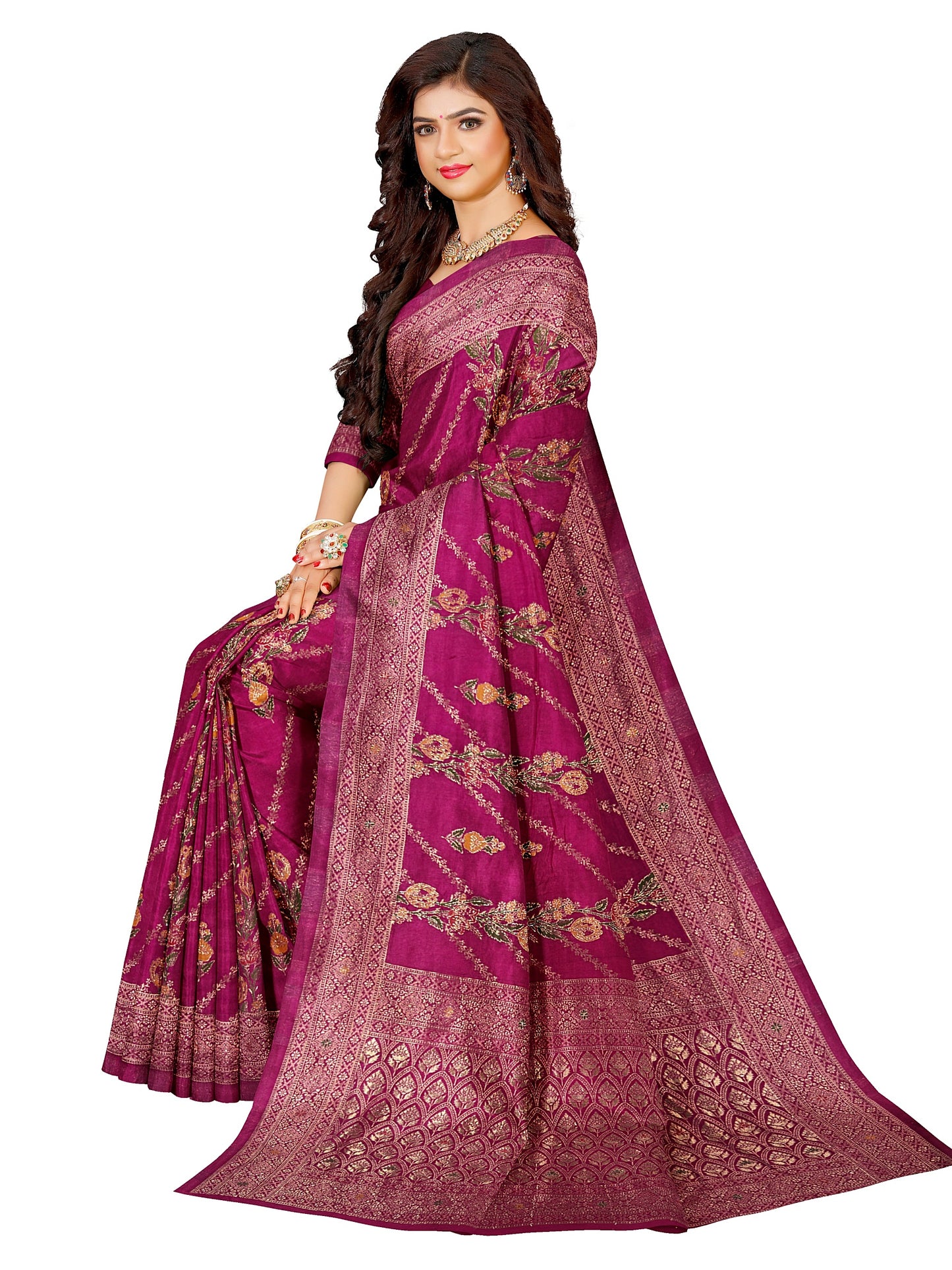 Rani Viscose Jacquard Saree with Straight Meenakari Patta & Heavy Meenakari Work