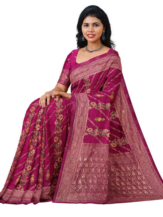 Rani Viscose Jacquard Saree with Straight Meenakari Patta & Heavy Meenakari Work